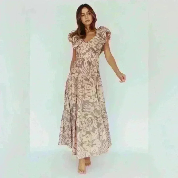 KAHLO PUFFED RUFFLE NECKLINE MAXI DRESS PRINT BEIGE new no tags size M - Picture 3 of 4